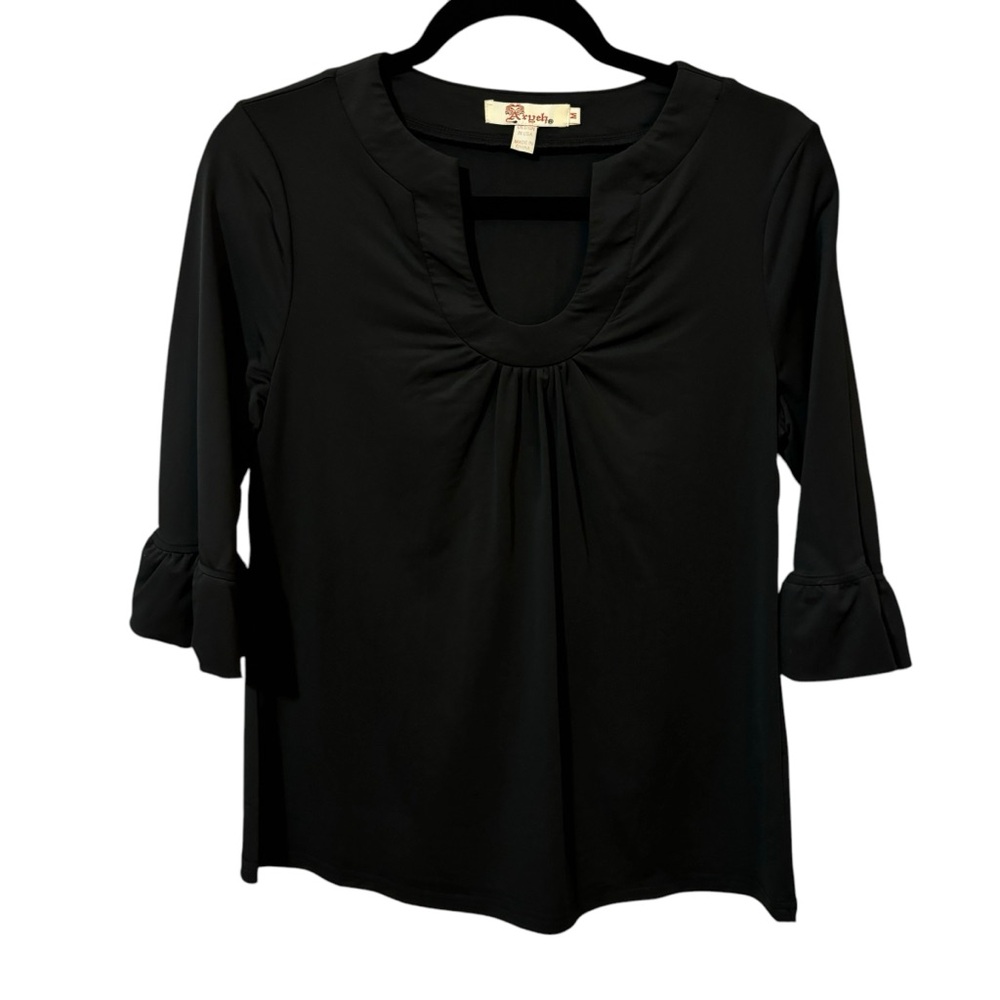 Aryeh Women's Medium Horseshoe Neckline 3/4 Length Sleeves‎ Black Blouse Top